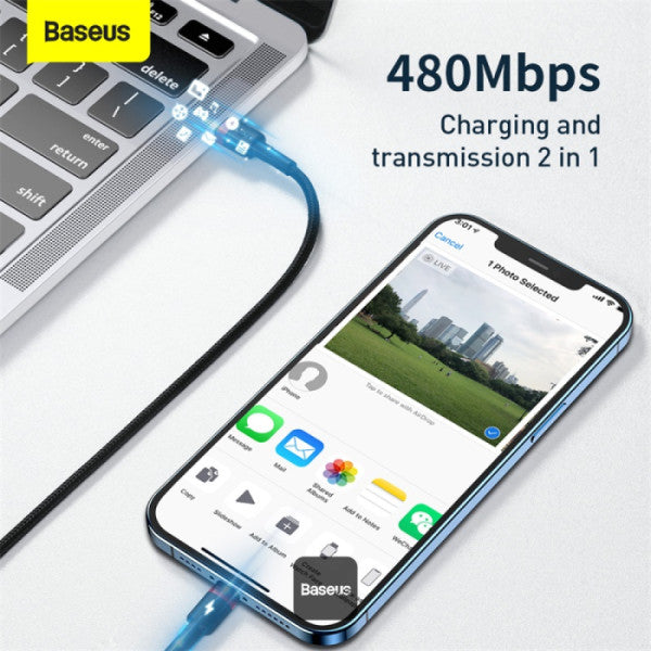 كابل باسيوس Cafule من Type-C إلى Lightning بقوة 20 واط - شحن سريع PD ونقل بيانات (1 متر) أسود