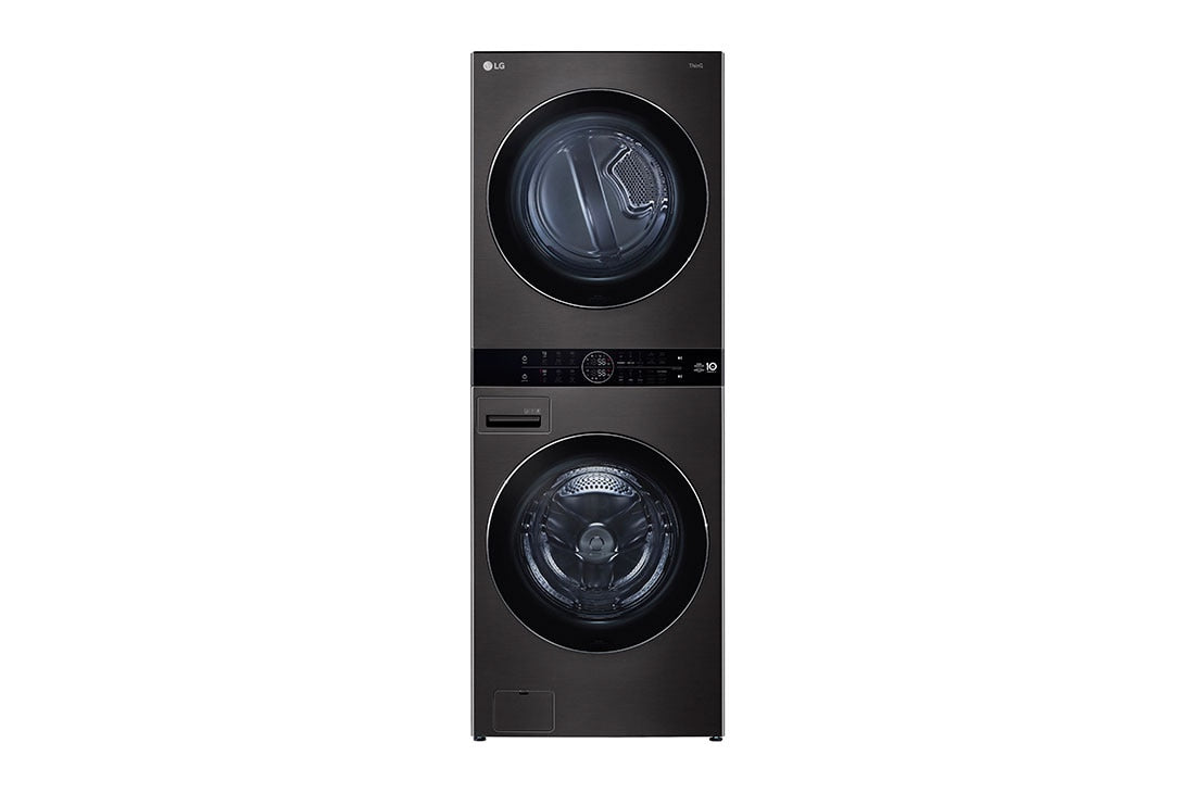 "LG Washtower washing machine and dryer with a front load, equipped with a central control panel, in black stainless, accommodates 21 kg of the washing machine and 16 kg for drying."