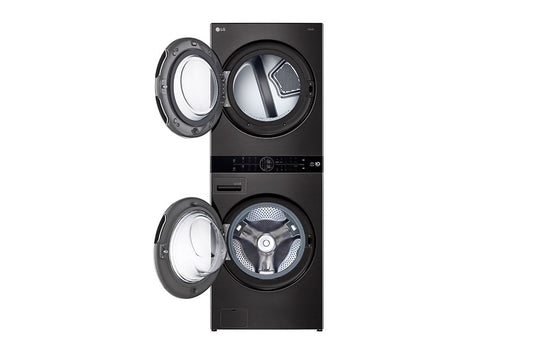 "LG Washtower washing machine and dryer with a front load, equipped with a central control panel, in black stainless, accommodates 21 kg of the washing machine and 16 kg for drying."