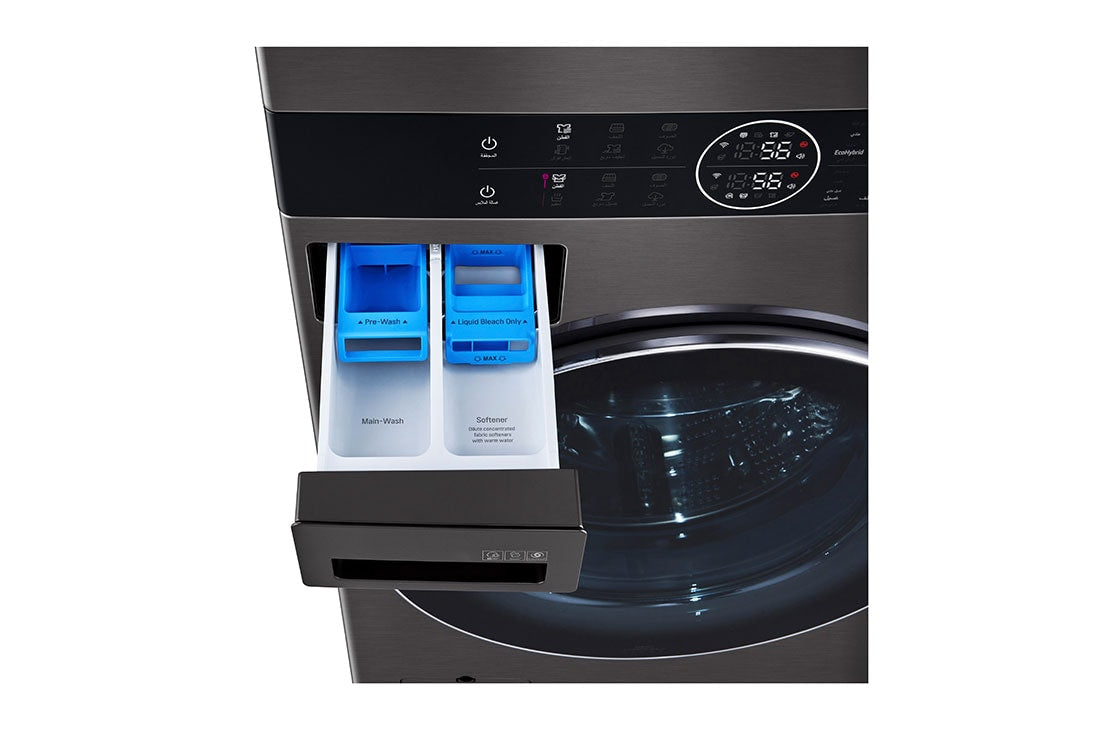 "LG Washtower washing machine and dryer with a front load, equipped with a central control panel, in black stainless, accommodates 21 kg of the washing machine and 16 kg for drying."