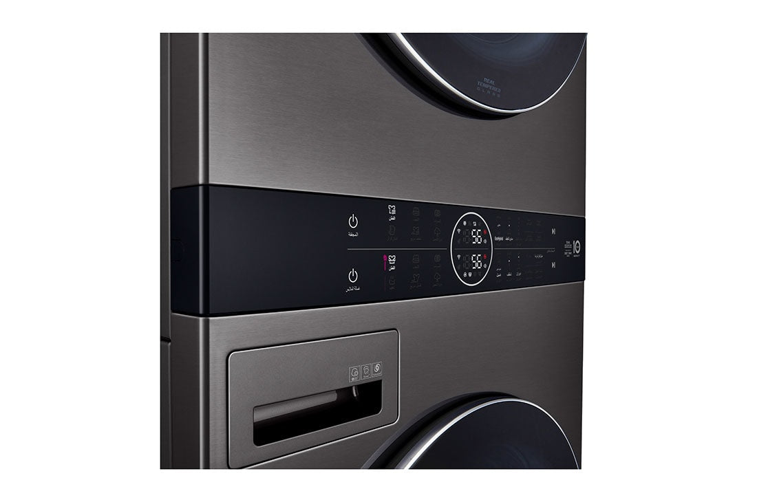 "LG Washtower washing machine and dryer with a front load, equipped with a central control panel, in black stainless, accommodates 21 kg of the washing machine and 16 kg for drying."