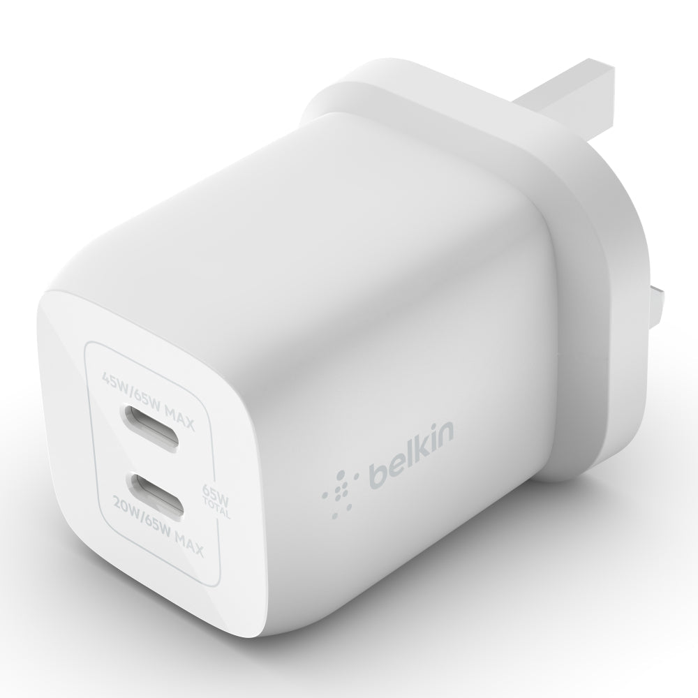 "65 Watt USB -C Wall charger from Belkin GAN and PPS technology - white"