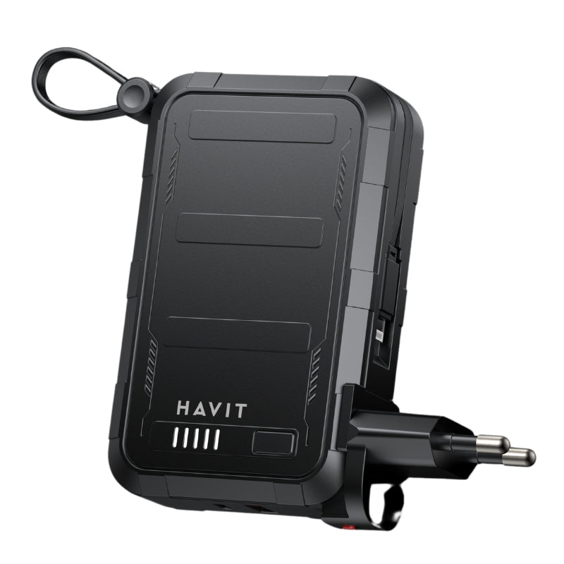شاحن الطوارئ Havit PB5231 بسعة 20000mAh وقدرة 22.5 واط للشحن السريع، مزود بكابلين مدمجين، باللون الأسود.