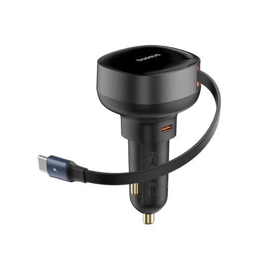 شاحن سيارة بيسيوس Enjoyment Pro بمنفذ USB‑C + كيبل تايب‑سي قابل للسحب بقدرة 60W – لون أسود
