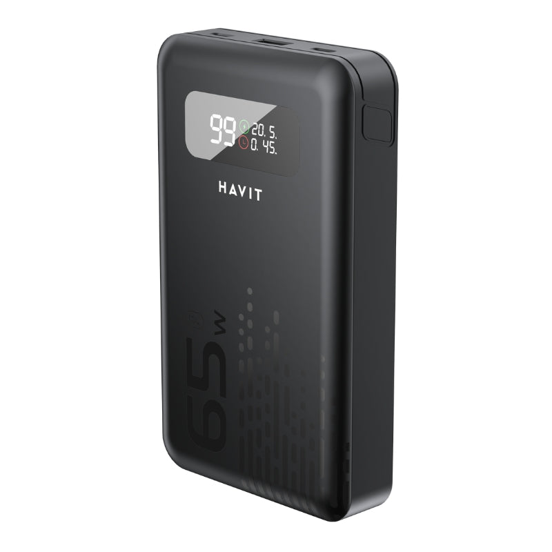 باور بانك Havit PB5212 بقدرة 20000 مللي أمبير و 100 واط، مع كابلين، اللون الأسود