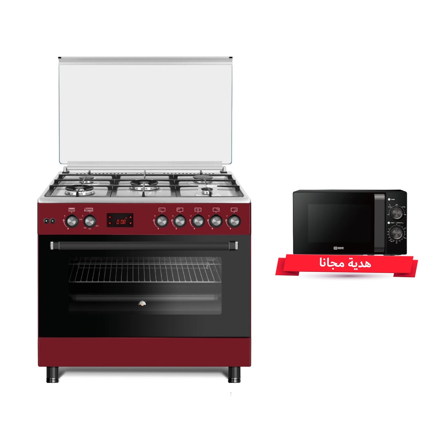 INSIDE LU-FULL90-RED Gas Cooker 5 Burners, 90cm طباخ انسايد + MW20002 Free Gift