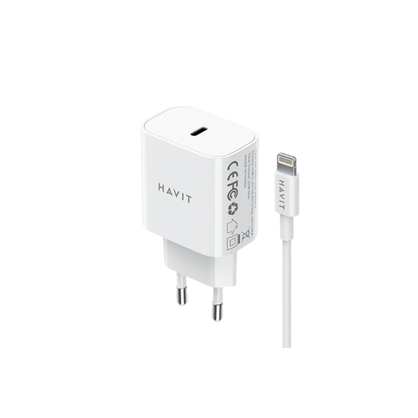 شاحن حائط هافيت ST914 بقدرة 20 وات مع كابل USB-C إلى LTG باللون الأبيض