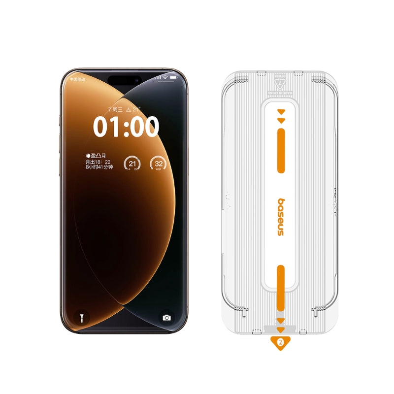 واقي شاشة Baseus Impact لهواتف iPhone 17 Pro / iPhone 17 Pro Max – شفاف (مع درج تركيب، قطعة واحدة)