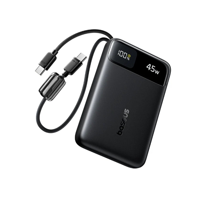 باسيوس – بنك طاقة EnerFill FC11 مع شاشة رقمية وكابلين USB-C مدمجين بسعة 10000mAh وقدرة 45 واط