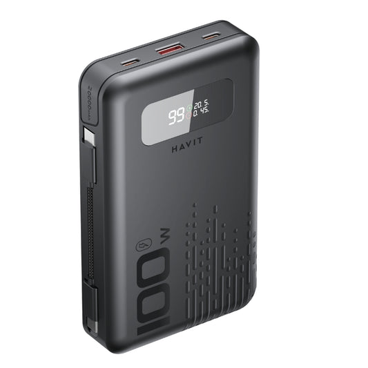 باور بانك Havit PB5212 بقدرة 20000 مللي أمبير و 100 واط، مع كابلين، اللون الأسود