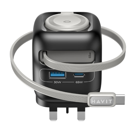 شاحن Havit UC252 UK 65W GaN Travel Charger مع كابل مرن وشاحن Apple Watch
