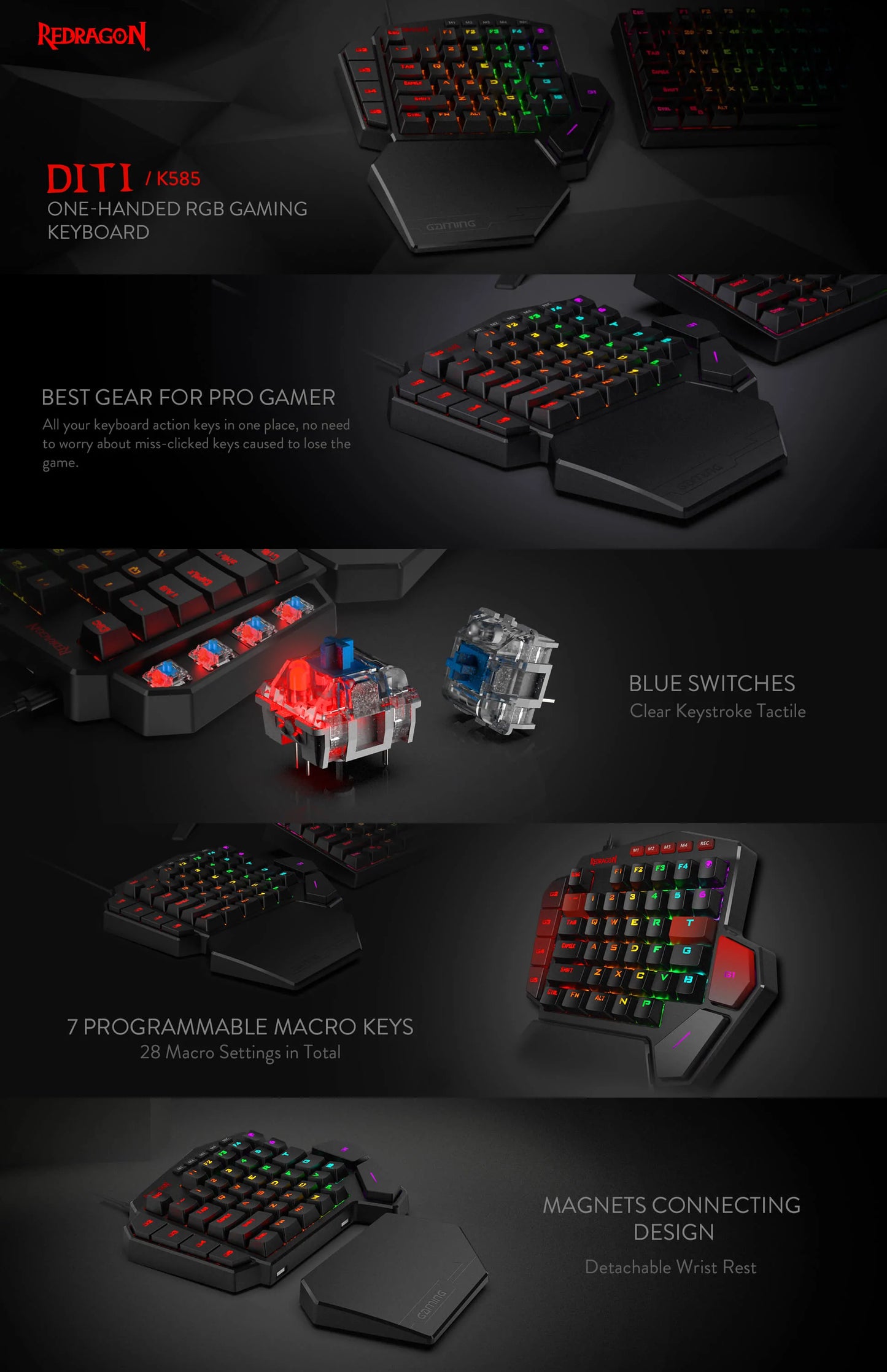 Redragon K585 DITI One-Handed RGB Mechanical كيبورد ميكانيكي ضوئي