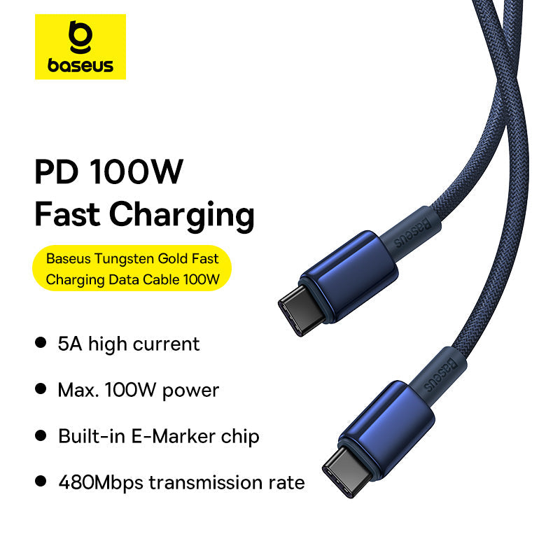 كابل شحن سريع باسيوس Tungsten Gold بقوة 100 واط - من Type-C إلى Type-C بطول 1 متر (Deepsea Blue)