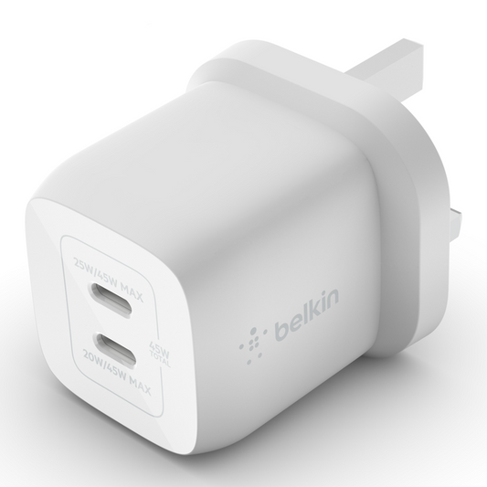 "شاحن جداري ثنائي المنافذ USB-C بقدرة 45 واط من Belkin بتقنية GaN وتقنية PPS - أبيض"