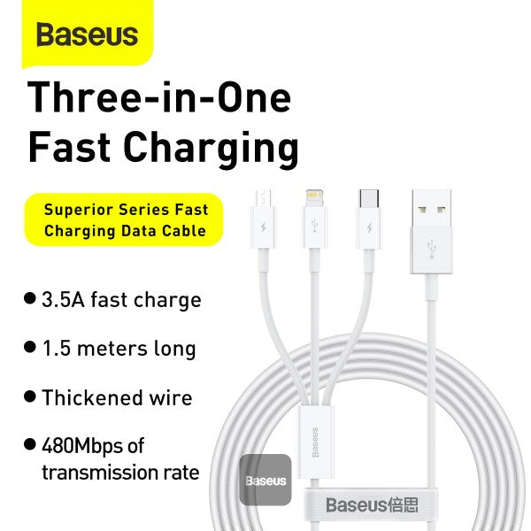Baseus Ultra-Fast 3-in-1 Cable USB-A→M+L+C 3.5A 1.3m White