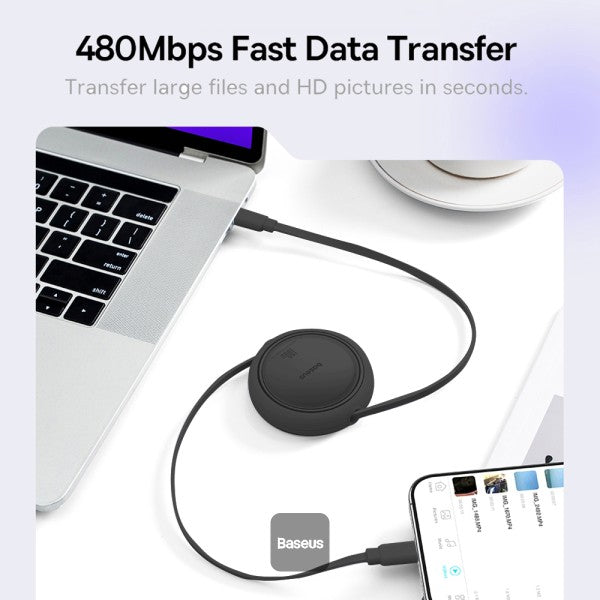 كابل شحن سريع باسيوس Free2 Draw Mini قابل للسحب بقوة 100 واط - من Type-C إلى Type-C بطول 1 متر (أسود)