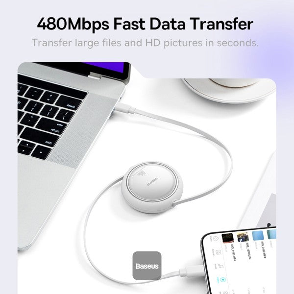 كابل شحن سريع باسيوس Free2 Draw Mini قابل للسحب بقوة 100 واط - من Type-C إلى Type-C بطول 1 متر (أبيض)
