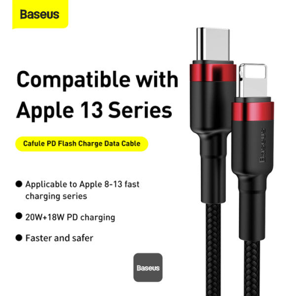 كابل باسيوس Cafule من Type-C إلى Lightning بقوة 20 واط - شحن سريع PD ونقل بيانات (1 متر) أسود