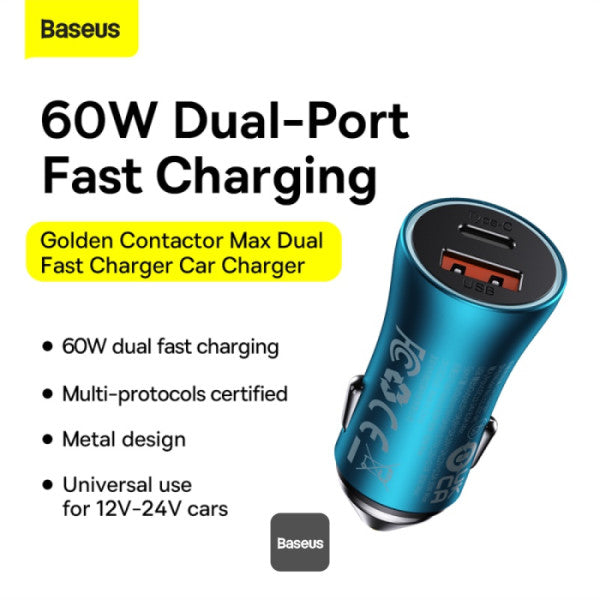 شاحن سيارة باسيوس Golden Contactor Max بقوة 60 واط - منفذ مزدوج USB + Type-C (أزرق)