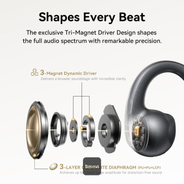 سماعات باسيوس Bowie MC1 Pro اللاسلكية (Open-Ear) - تصميم رياضي مريح وصوت نقي (Cosmic Black)