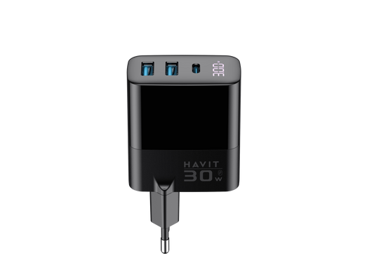 هافيت UCLE001 الاتحاد الأوروبي LED شاحن GaN 30 واط 2A1C منافذ أسود