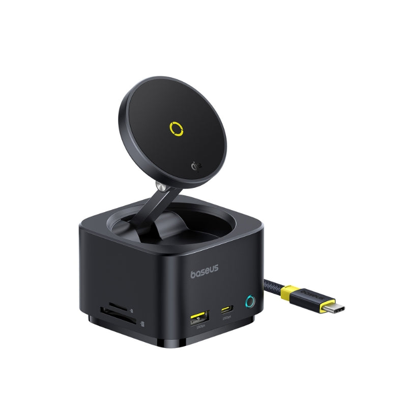 باسيوس موزع منافذ MagPro II ‏7 في 1 مع شحن لاسلكي مغناطيسي ‏15 واط أسود