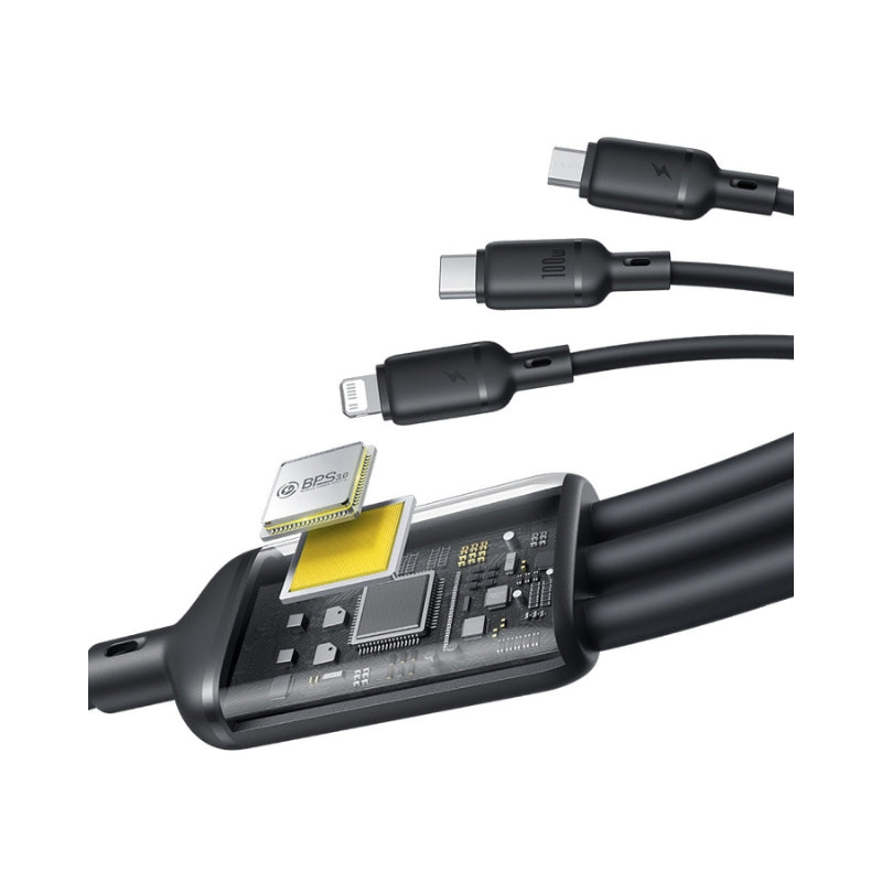 باسيوس كابل سيـلكي 3 في 1 USB-C→M+L+C ‏100 واط بطول 1.5 متر أسود