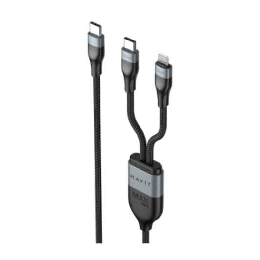كابل Havit CB6326، من النوع C إلى C+L، بطول 1.2 متر، بقوة 100 واط + 30 واط، باللون الأسود.