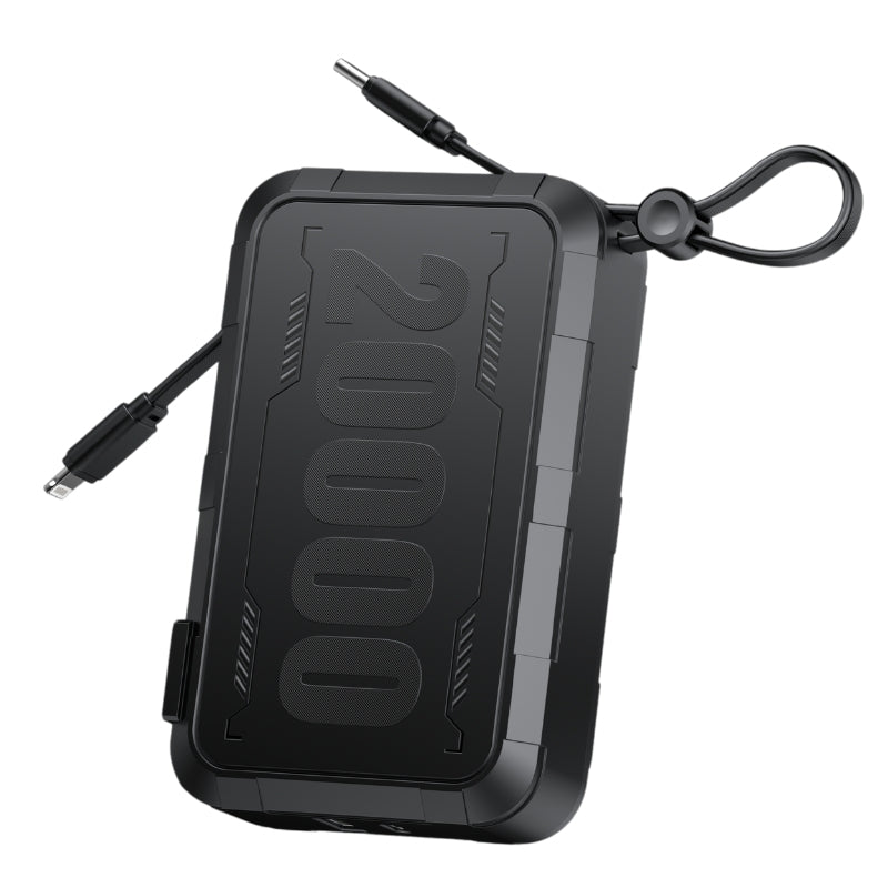 شاحن الطوارئ Havit PB5231 بسعة 20000mAh وقدرة 22.5 واط للشحن السريع، مزود بكابلين مدمجين، باللون الأسود.