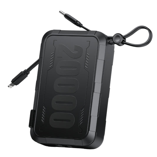 شاحن الطوارئ Havit PB5231 بسعة 20000mAh وقدرة 22.5 واط للشحن السريع، مزود بكابلين مدمجين، باللون الأسود.