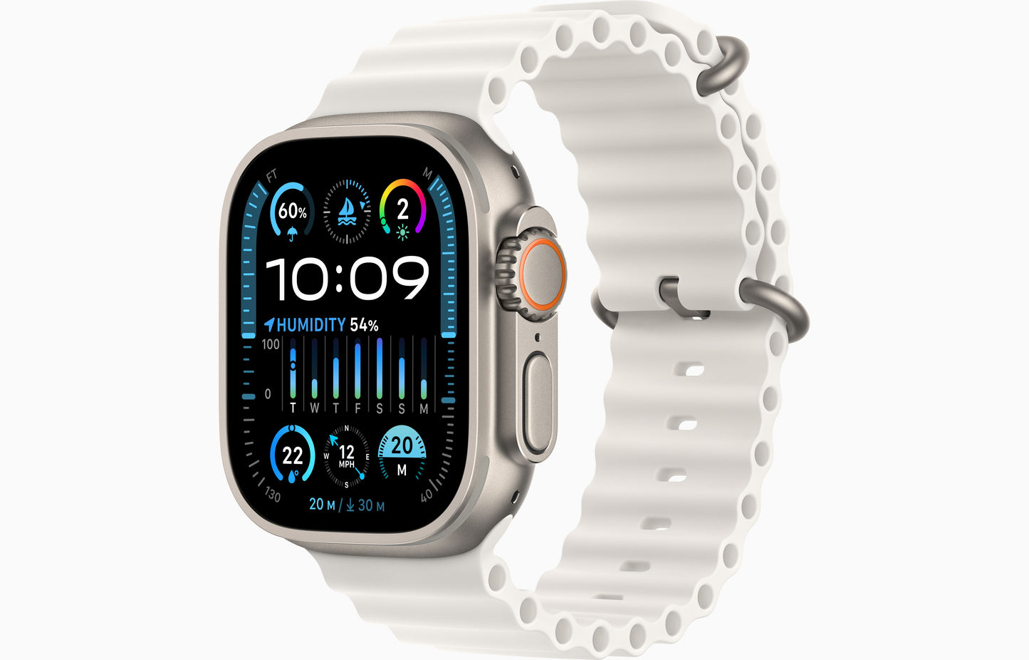 Apple Watch Ultra 2 49mm Titanium White , Ocean Band -ساعة أبل الترا 2 - 49 ملم تيتانيوم أبيض - حزام المحيط