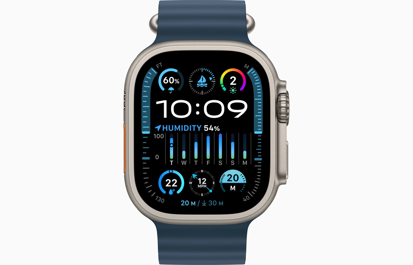 Apple Watch Ultra 2 49mm Titanium Blue, Ocean Band - ساعة أبل الترا 2 - 49 ملم - أزرق تيتانيوم - حزام المحيط