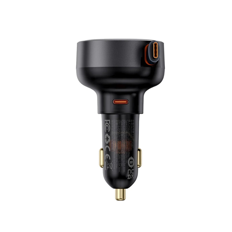 شاحن سيارة بيسيوس Enjoyment Pro بمنفذ USB‑C + كيبل تايب‑سي قابل للسحب بقدرة 60W – لون أسود