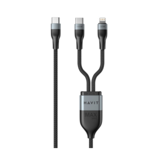 كابل Havit CB6326، من النوع C إلى C+L، بطول 1.2 متر، بقوة 100 واط + 30 واط، باللون الأسود.