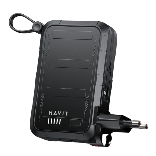 شاحن الطوارئ Havit PB5231 بسعة 20000mAh وقدرة 22.5 واط للشحن السريع، مزود بكابلين مدمجين، باللون الأسود.