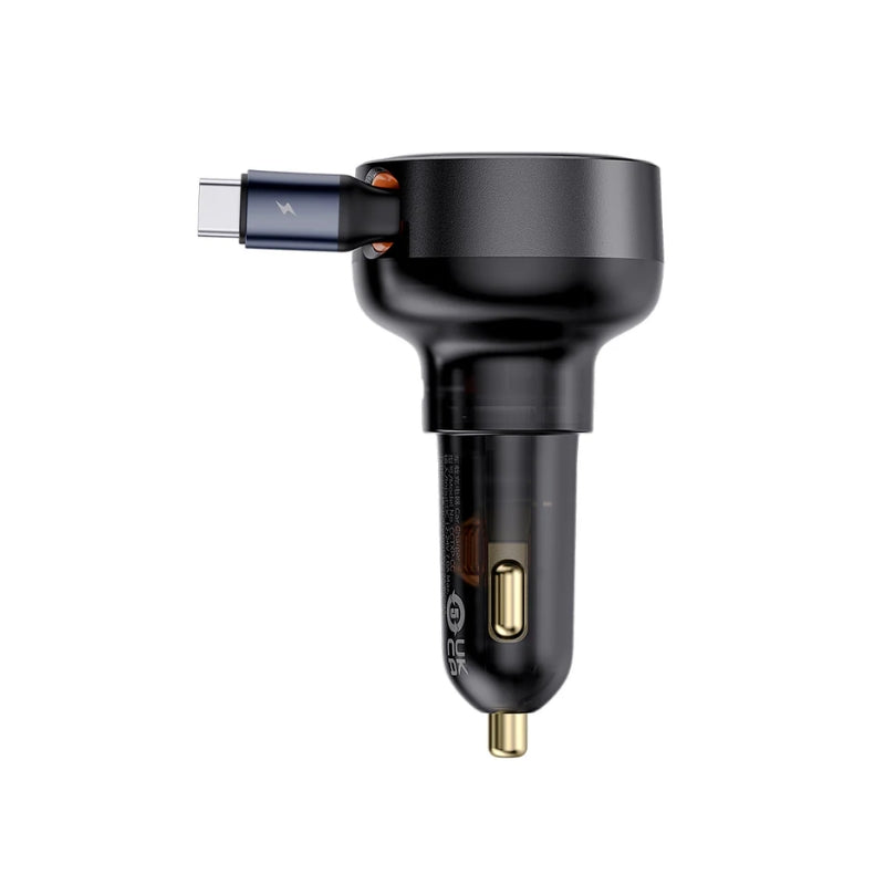 شاحن سيارة بيسيوس Enjoyment Pro بمنفذ USB‑C + كيبل تايب‑سي قابل للسحب بقدرة 60W – لون أسود