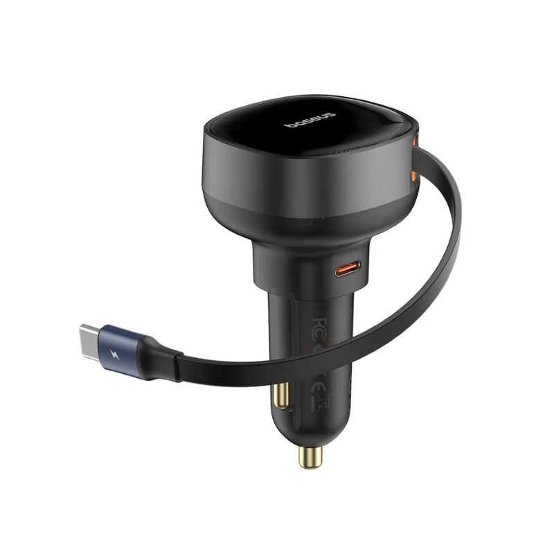 شاحن سيارة بيسيوس Enjoyment Pro بمنفذ USB‑C + كيبل تايب‑سي قابل للسحب بقدرة 60W – لون أسود