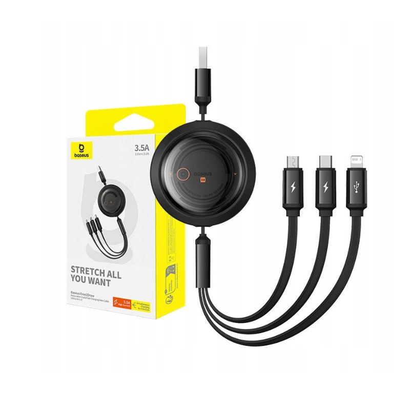 باسيوس كابل فري تو درو قابل للسحب USB→M+L+C ‏100 واط بطول 1.1م