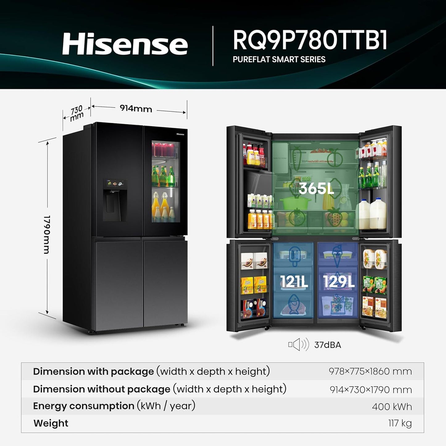 ثلاجة هايسنس 4 أبواب انفيرتر - طراز RQ9P780TTB1 | سعة ضخمة وتصميم فاخر