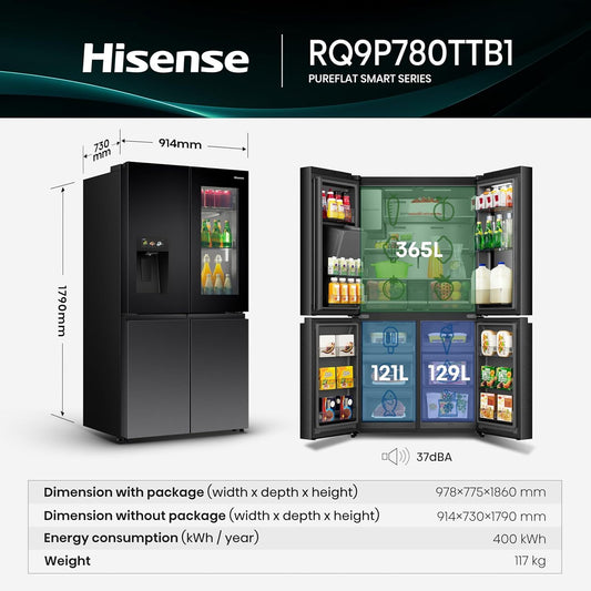 ثلاجة هايسنس 4 أبواب انفيرتر - طراز RQ9P780TTB1 | سعة ضخمة وتصميم فاخر