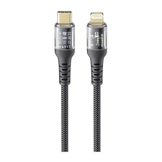 الكابل Havit CB6241 بطول 1 متر، Type-C إلى Lightning، يدعم الشحن السريع PD 20 واط، اللون أسود.