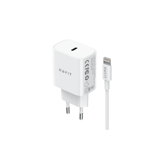 شاحن حائط هافيت ST914 بقدرة 20 وات مع كابل USB-C إلى LTG باللون الأبيض